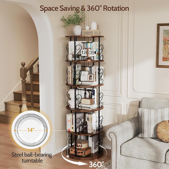 5 Tier Rotating Bookshelf, 360 ° Display Corner Book Shelf, Stackable Spinning - Image 3
