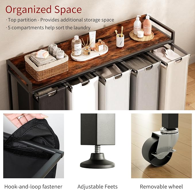 Laundry Hamper with Shelf, Laundry Basket 5 Section, Laundry Sorter with - Image 3