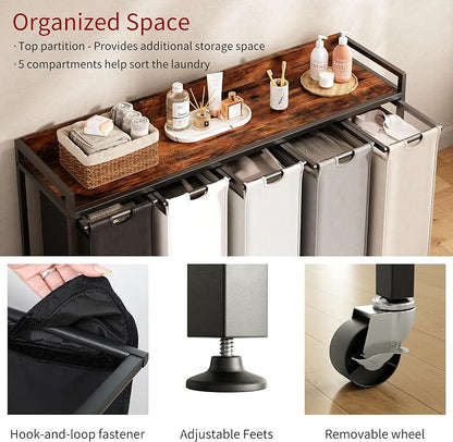 Laundry Hamper with Shelf, Laundry Basket 5 Section, Laundry Sorter with - Image 3