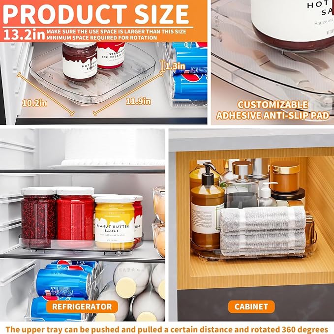Yieach Clear Refrigerator Lazy Susan Turntable, 11.9''x10.2'', Square Fridge - Image 2