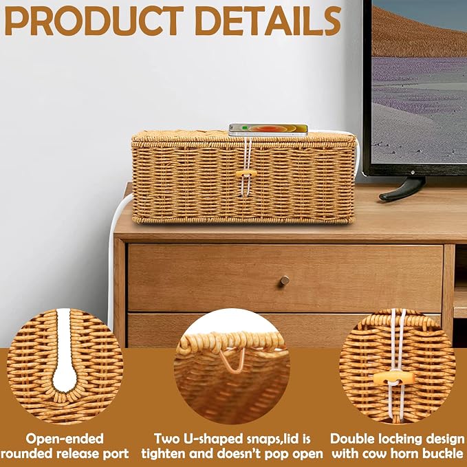 Cable Management Box, Handmade Imitation Rattan Cord Cable Organizer, Open - Image 3