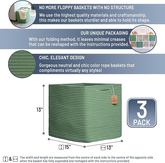 NaturalCozy 13x15x13 Kallax Storage Cubes Bins, 3 Pack | Cotton Rope Cube - Image 2