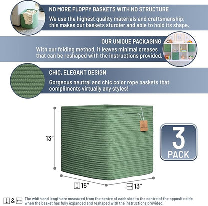 NaturalCozy 13x15x13 Kallax Storage Cubes Bins, 3 Pack | Cotton Rope Cube - Image 2