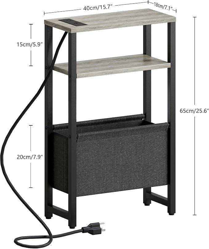 Narrow Side Table with Charging Station Slim End Table Sofa with Magazine Rack - Image 3