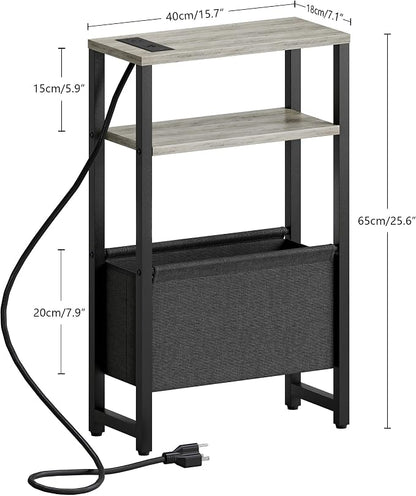 Narrow Side Table with Charging Station Slim End Table Sofa with Magazine Rack - Image 3