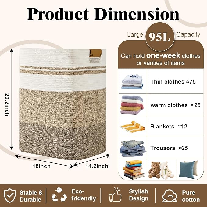 Laundry Hamper, 95L Tall Laundry Basket - Image 3