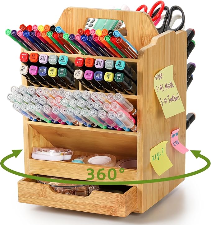 SOUJOY Bamboo Pen Holder Organizer, 360°Rotating Art Supply Storage Caddy by SOUJOY