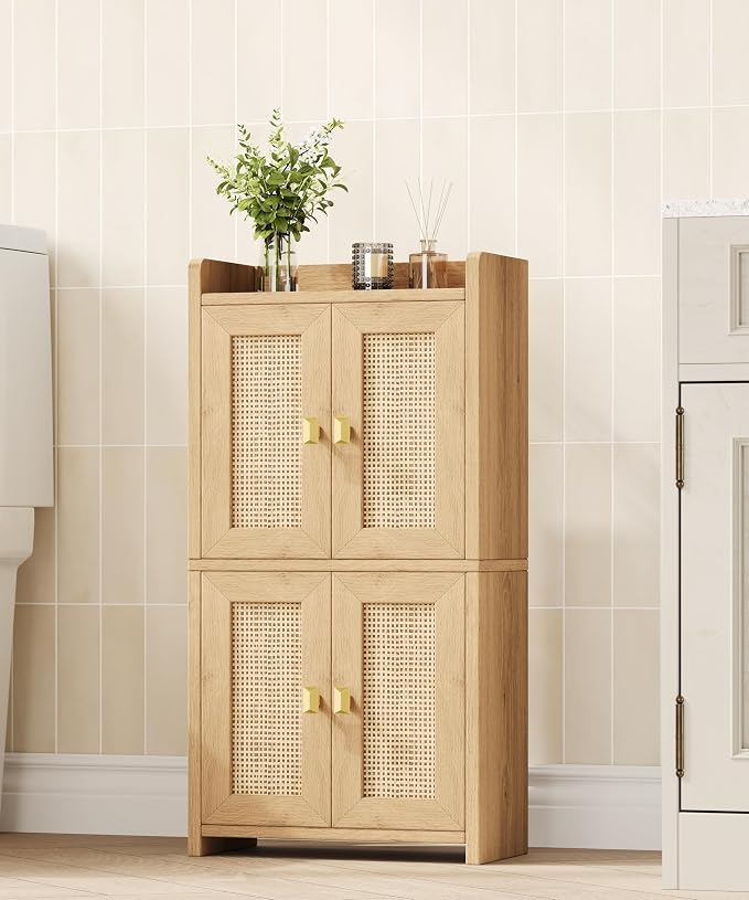 Akxomel 15" Rattan Small Bathroom Cabinet 4 Doors Adjustable Shelf Oak | - Image 3