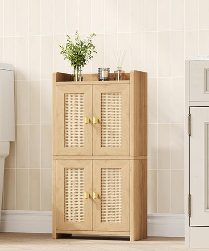 Akxomel 15" Rattan Small Bathroom Cabinet 4 Doors Adjustable Shelf Oak | - Image 3