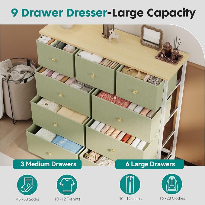 DUMOS 9 Drawer Dresser for Bedroom, Storage Organizer Chest of Drawers | Fabric - Image 6