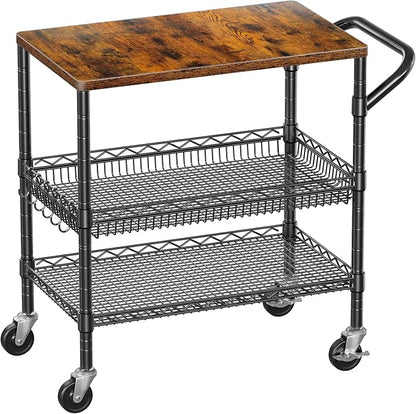 WDT 3 Tier Rolling Carts with Wheels, Heavy Duty Rolling Utility Cart with Wood by WDT