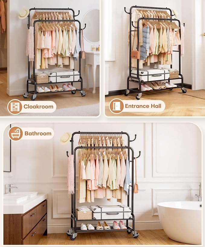Homde Heavy Duty Clothes Rack: 265lb Rolling Double Rod Garment Hanging - Image 8