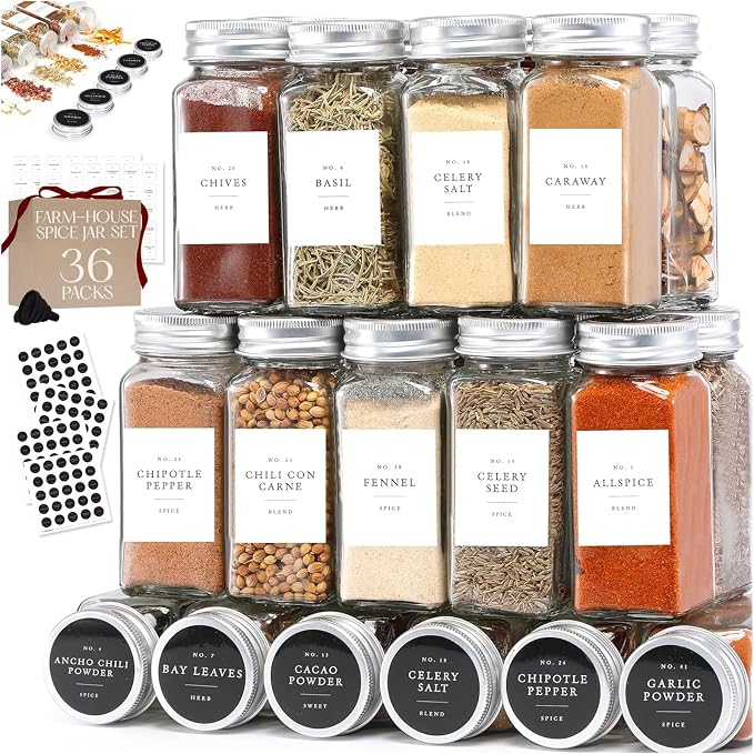 Glass Spice Jars with Labels with Metal Lids and Shakers Farmhouse 36 Pack Set by Finessy