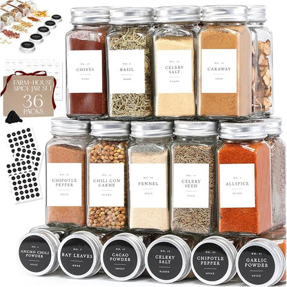 Glass Spice Jars with Labels with Metal Lids and Shakers Farmhouse 36 Pack Set by Finessy