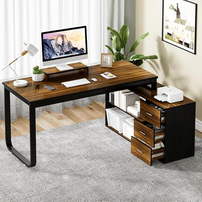 55 Inch L Shaped with Storage Shelves, Corner Computer Desk with Drawers by MAVERICKFURNI