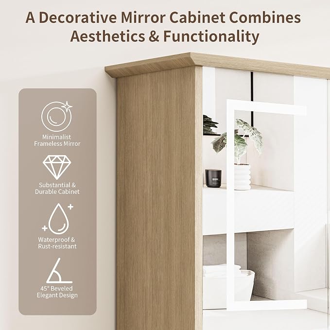 Bathroom Medicine Cabinet with Mirror, Lighted Wall Storage Cabinet, Oak | 21" - Image 6