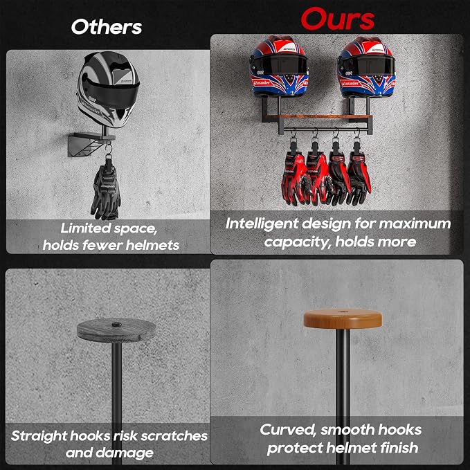 Automotive Helmet Holder Wall Mount, Solid Wood and Metal Helmet Rack - Image 3