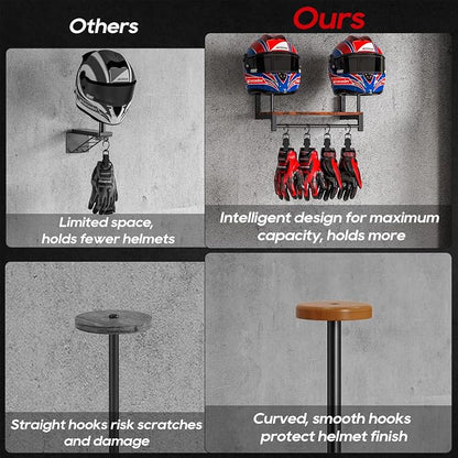Automotive Helmet Holder Wall Mount, Solid Wood and Metal Helmet Rack - Image 3