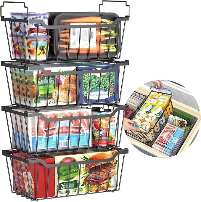 Freezer Organizer Bins with Foldable Handle, 4 Pack Stackable Freezer Baskets by Unknown