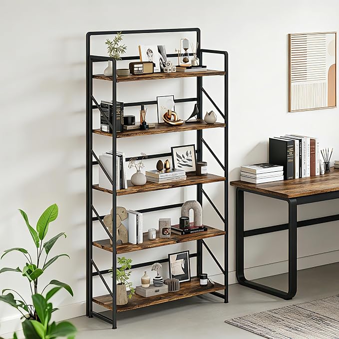 JSB Folding Bookshelf, Industrial Storage Shelves, No Assembly Vintage Wood - Image 6