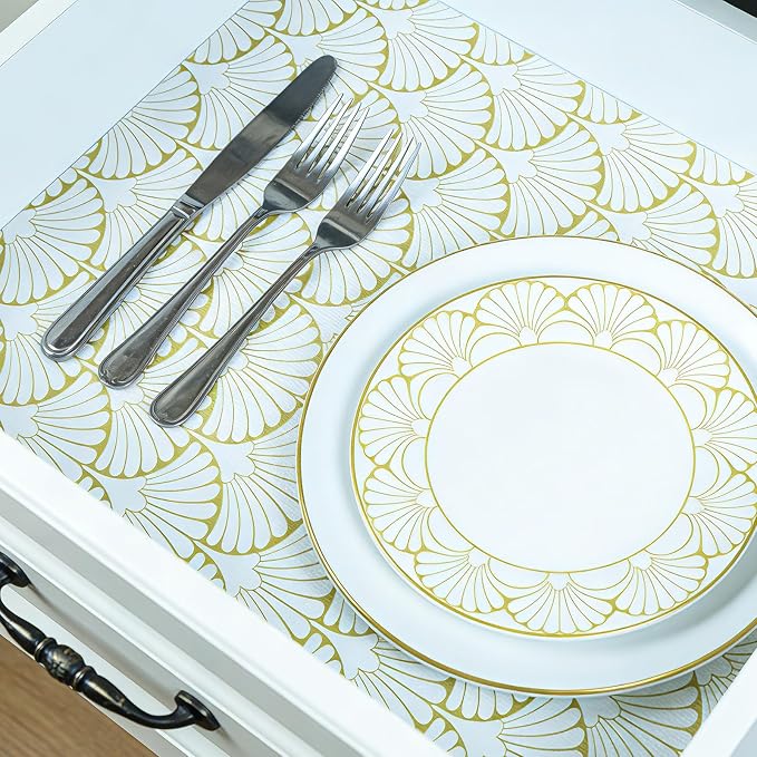Shelf Liners Non Adhesive Gold Background White Fan-Shaped Pattern - Image 7