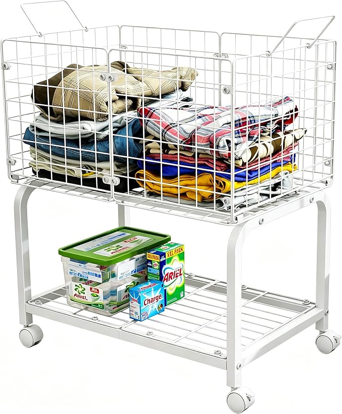 2-Tier Rolling Laundry Basket Cart by Unknown