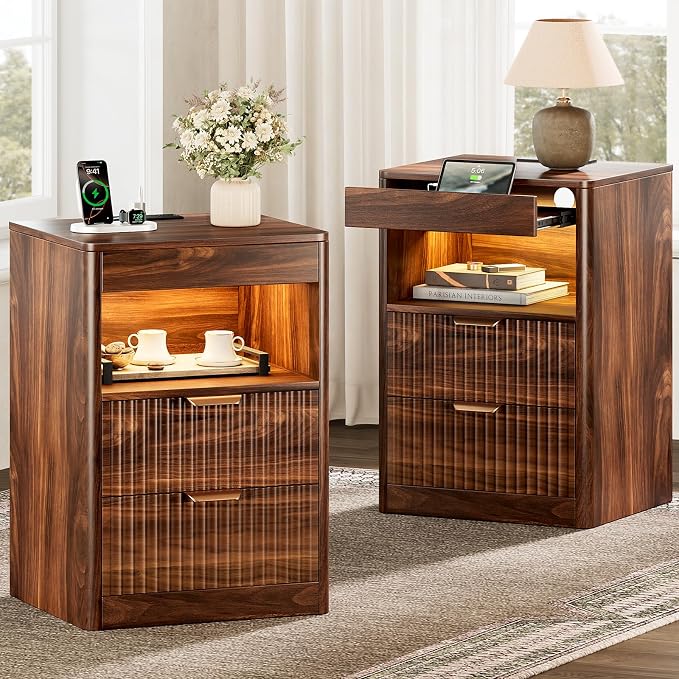 REAHOME Fluted Nightstand with Charging Station, Modern LED Night Stand with 2 - Image 7