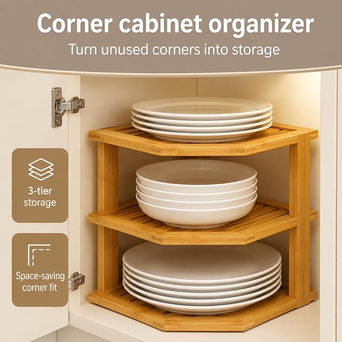 Plate Organizer for Cabinet, Corner Shelf, Bamboo 3-Tier Kitchen Organizer | - Image 4