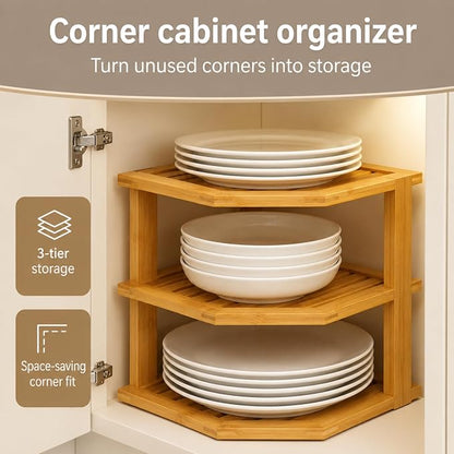 Plate Organizer for Cabinet, Corner Shelf, Bamboo 3-Tier Kitchen Organizer | - Image 4