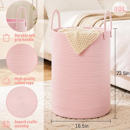 Laundry Basket, Woven Cotton Rope Laundry Hamper, 80L - Image 6