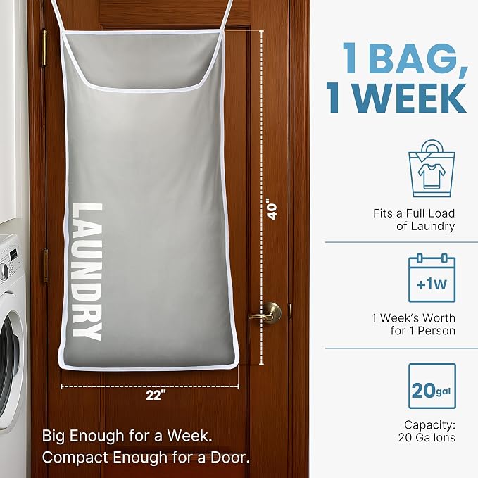 Hanging Laundry Hamper Bag XL 40x22", Space Saving over the Door Storage Bags - Image 2