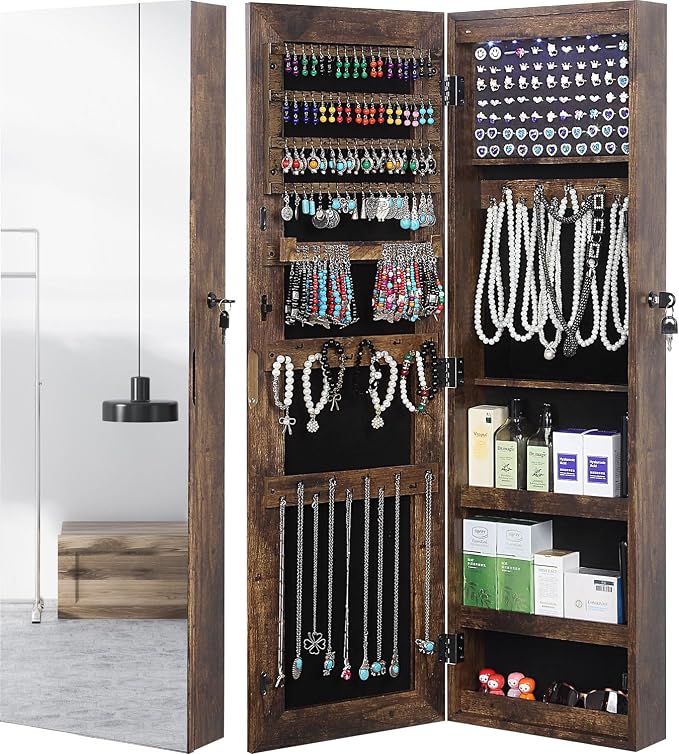 GISSAR Full Length Mirror Jewelry Cabinet, 6 LEDs Jewelry Armoire Wall Mounted by GISSAR