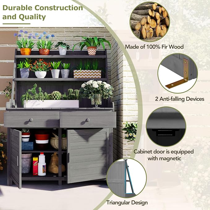 Merax Potting Bench Table with Cabinet and Open Shelves, Garden Potting Bench - Image 3