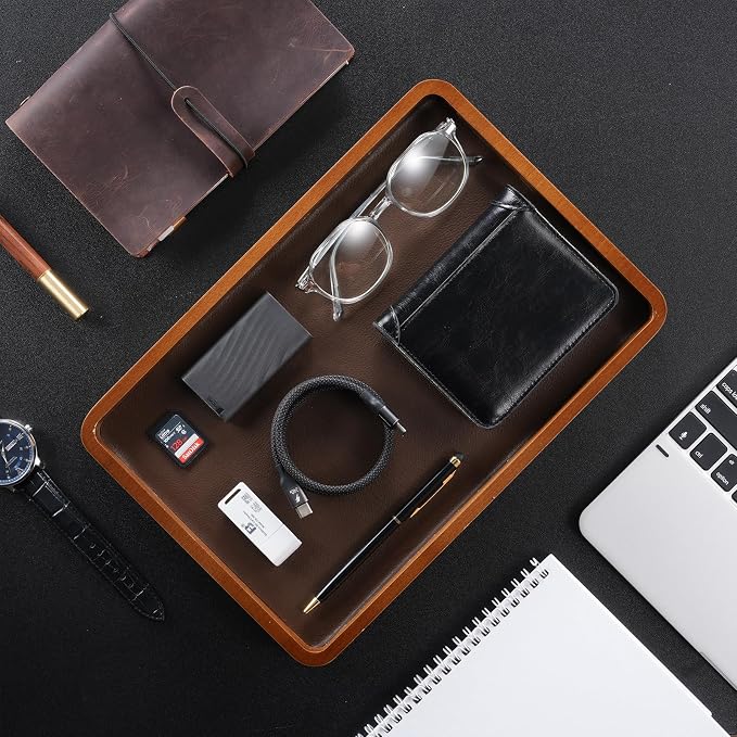 ProCase Wood Valet Tray for Men, Key Tray, Desk & Nightstand -DarkBrown | Wood - Image 4