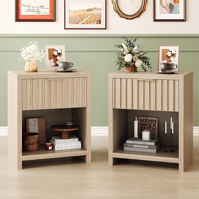 VINGLI Fluted Oak Nightstand Set of 2, Bedside Table, End Tables Bedroom by VINGLI