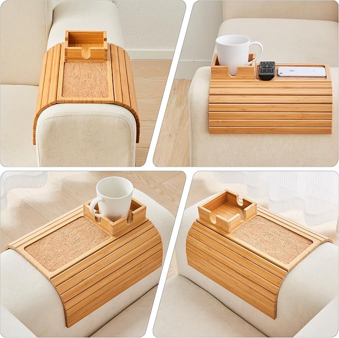 Bamboo Couch Cup Holder, Foldable Sofa Arm Tray, Anti-Slip Couch Aremrest Tray - Image 7
