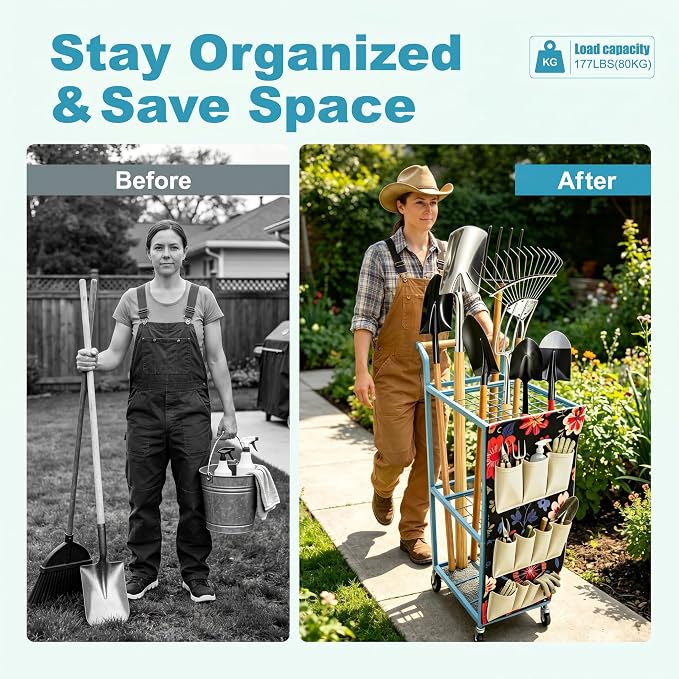 Garden Tool Organizer with Wheels 3 Tier Yard Tool Organizer Rack with Side - Image 6