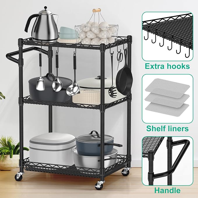 3 Tier Rolling Cart with Wheels, Metal Utility Cart - Image 3
