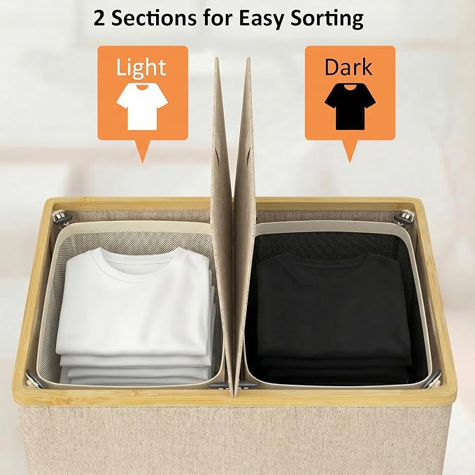 efluky Laundry Hamper with Lid, Double Laundry Basket with 2 Removable Bags - Image 3