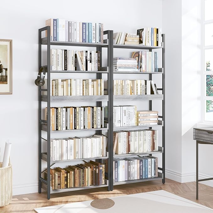 HCHQHS 6 Tier Bookshelf, Adjustable Industrial Bookcase, Vertical Tall Book - Image 2