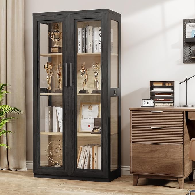 Curio Cabinet with Glass Doors, Bookcase with 4 Shelves, Display Cabinets - Image 4