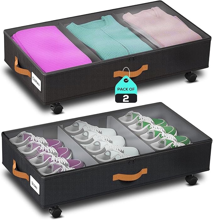 Under Bed Storage with Wheels, 2 Pack| Low Profile Storage Organizer with Clear by Unknown