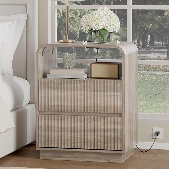 Grey Nightstands Set of 2 with Charging Station, Mid Century Modern End Tables - Image 3