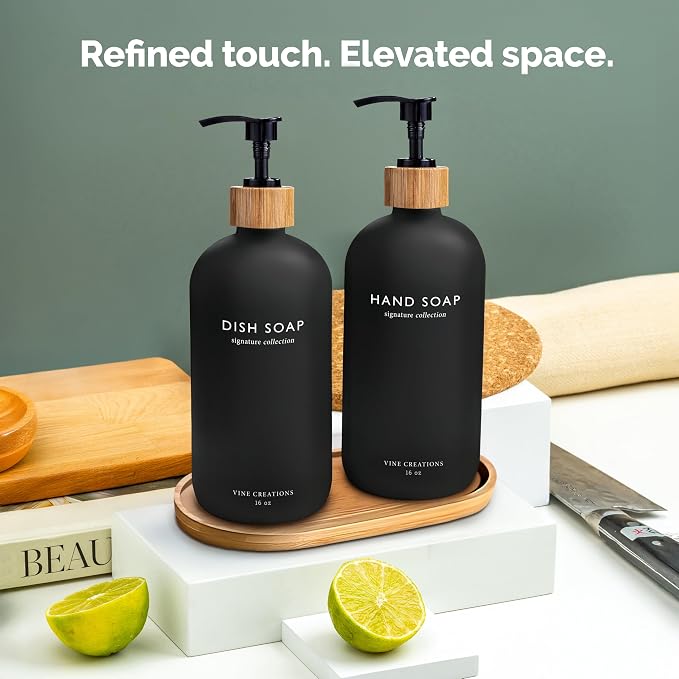 Vine Creations Black Glass Soap Dispenser Set, Hand Soap and Dish Soap - Image 6
