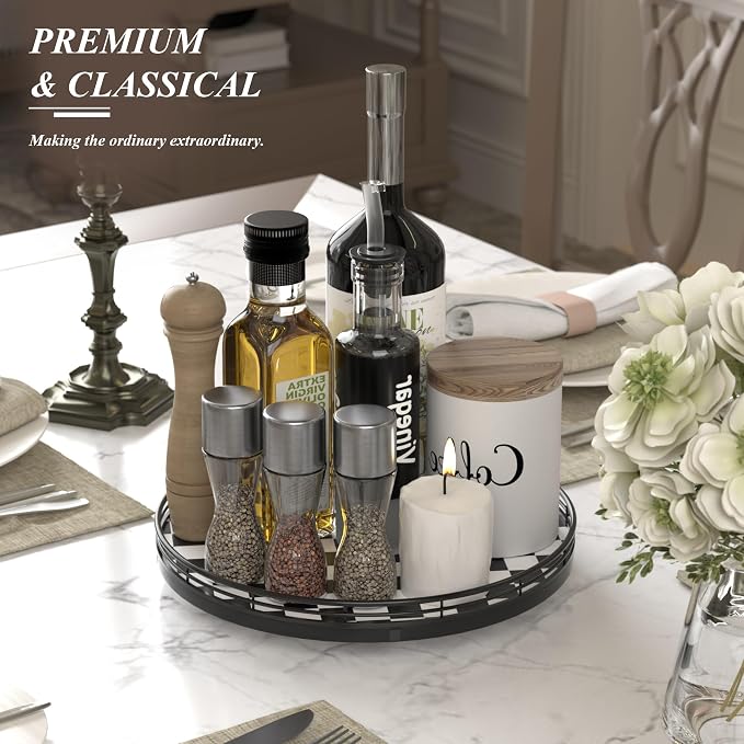 Black and White Kitchen Lazy Susan Turntable – Round Checkered Decorative Tray - Image 4