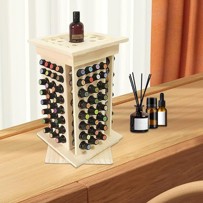 104-Hole Wooden Essential Oil Display Rack, 8 Tiers Rotating Pine Organizer - Image 3