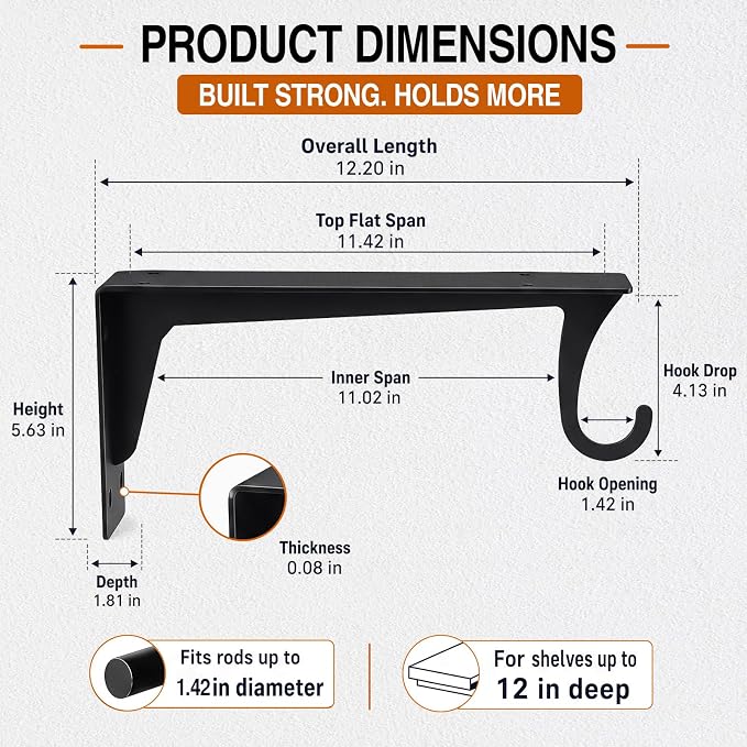 4 Pack 12 Inch Closet Rod Brackets, Heavy Duty Wall Mounted Closet Shelf - Image 2