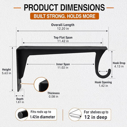 4 Pack 12 Inch Closet Rod Brackets, Heavy Duty Wall Mounted Closet Shelf - Image 2