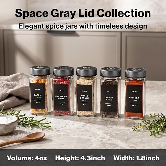 EDELHAUS Glass Spice Jars with Label, 24x Space Gray Stainless Steel Lids | - Image 2