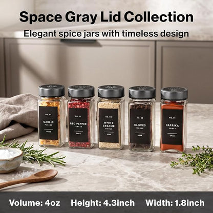 EDELHAUS Glass Spice Jars with Label, 24x Space Gray Stainless Steel Lids | - Image 2